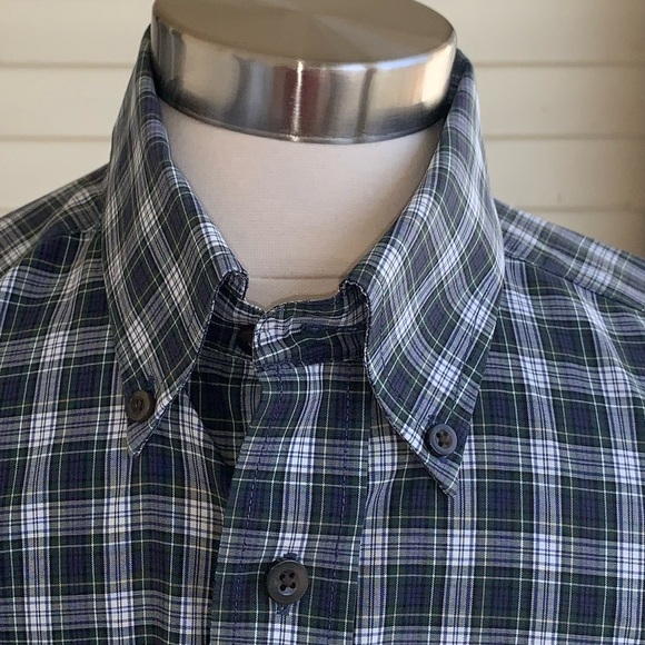 LL Bean Mens Button Down Shirt Medium Reg Blue Green Plaid Wrinkle Resistant - Picture 4 of 7